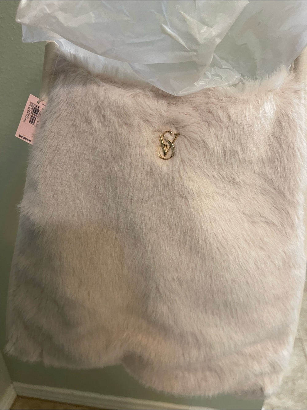 Victoria's Secret Pale Blush Faux Fur Tote with Gold VS Logo